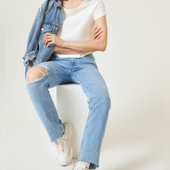 PAIGE STELLA Jeans Straight Crop High Rise Frayed Hem in Gnarly Destructed Sz 34 - Picture 4 of 13